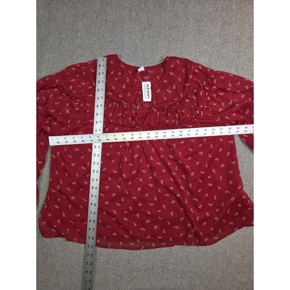 Old Navy Womens L Red Chiffon Ditzy Floral Sheer Lined Long Sleeve Peasant Top - Picture 7 of 14